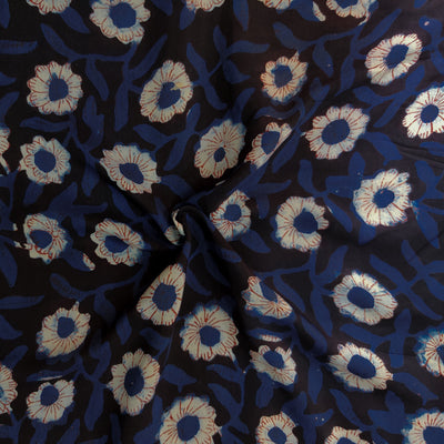 Modal Cotton Black With Blue And Cream Floral Jaal Hand Block Print Fabric