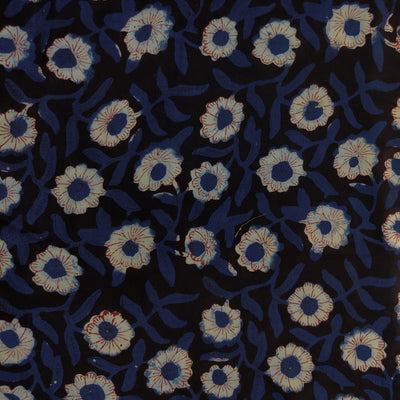 Modal Cotton Black With Blue And Cream Floral Jaal Hand Block Print Fabric
