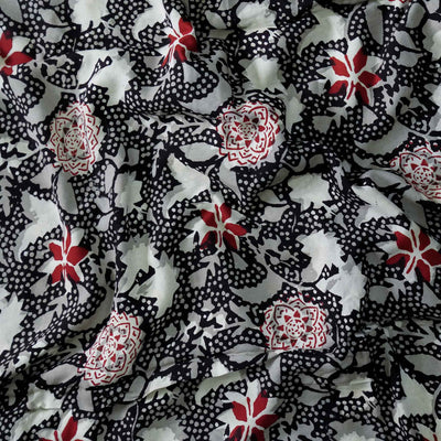 Modal Cotton Black With Grey And Maroon Floral Jaal Hand Block Print Fabric