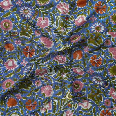 Modal Cotton Blue With Orange Pink Green Foral Jaal Hand Block Print Fabric