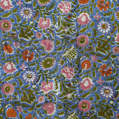 Modal Cotton Blue With Orange Pink Green Foral Jaal Hand Block Print Fabric