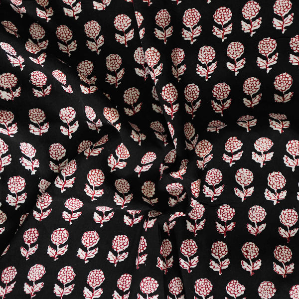 Modal Cotton Dabu Black With Maroon Small Floral Motifs Hand Block Print Fabric