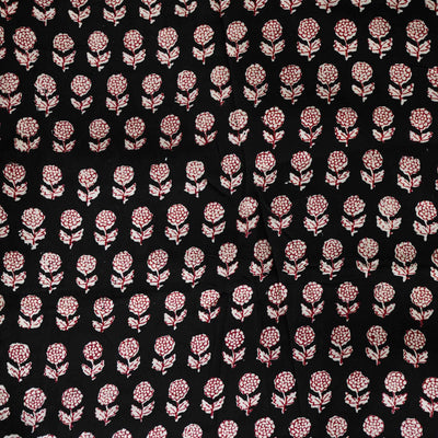 Modal Cotton Dabu Black With Maroon Small Floral Motifs Hand Block Print Fabric