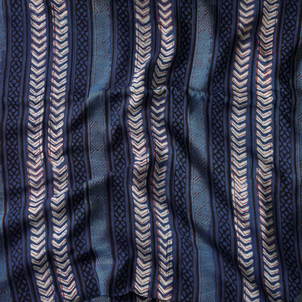 Modal Cotton Dabu Blue Black Arrow Head And Geometry Border Stripes Hand Block Print Fabric