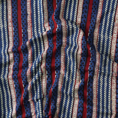 Modal Cotton Dabu Indigo Cream And Red Border Stripes Hand Block Print Fabric