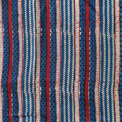 Modal Cotton Dabu Indigo Cream And Red Border Stripes Hand Block Print Fabric