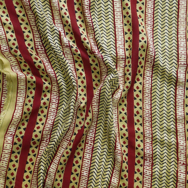 Modal Cotton Dabu Maroon Yellowish Green Black Border Hand Block Print Fabric