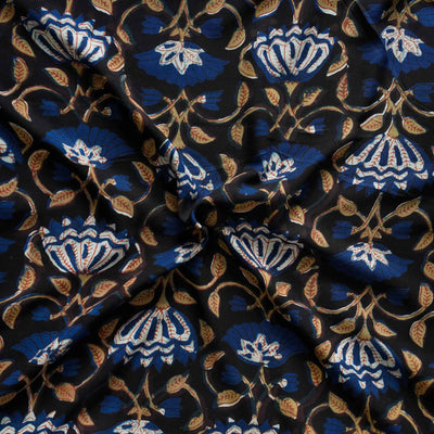 Modal Cotton Dabu With Blue Cream Brown Lotus  Hand Block Print Fabric