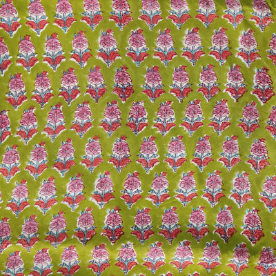 Modal Cotton Jaipuri Green With Small Pink Flowers Hand Block Print Fabric