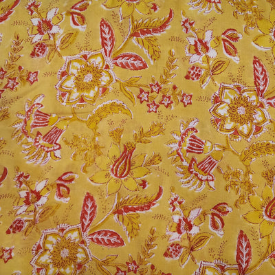 Modal Cotton Jaipuri Pastel Mustard Yellow With Wild Floral Jaal Hand Block Print Fabric