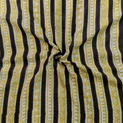 Modal Cotton Kalamkari Black And Mustard Border Stripes Hand Block Print Fabric