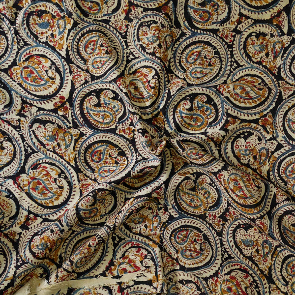 Modal Cotton Kalamkari With Grey Curvy Jaal Hand Block Print Fabric