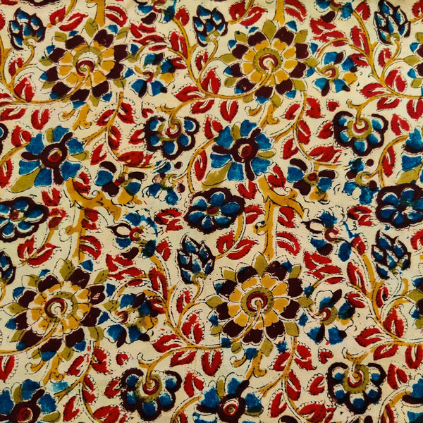 Pre-cut 1.90 meter Modal Kalamkari Cream With Blue Green Dark Brown Red Flower Jaal Hand Block Print Fabric