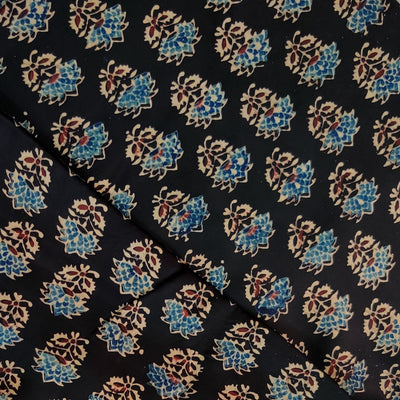 Modal Silk Ajrak Black With Blue Ajrak Motif Hand Block Print Fabric