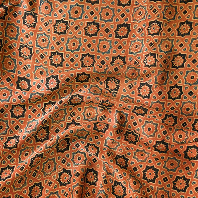Modal Silk Ajrak Brown With Blue Black Cream Stars Hand Block Print Fabric