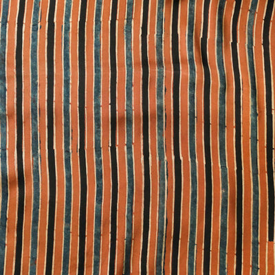 Modal Silk Ajrak Brown With Blue Black Cream Stripes Hand Block Print Fabric