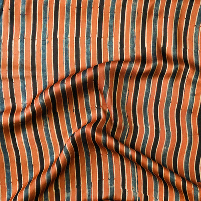 Modal Silk Ajrak Brown With Blue Black Cream Stripes Hand Block Print Fabric