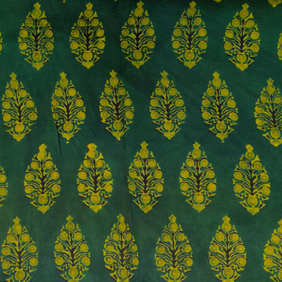 Modal Silk Ajrak Dark Green With Pilea Block Print Fabric