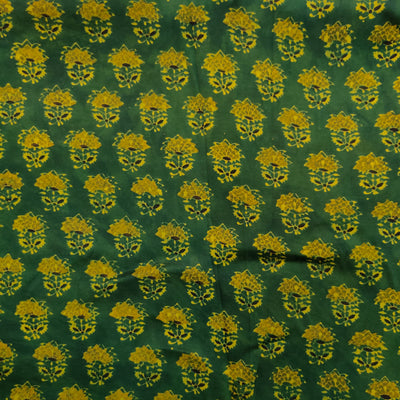 Modal Silk Ajrak Dark Green With Yelow Green Plant Hand Block Print Fabric