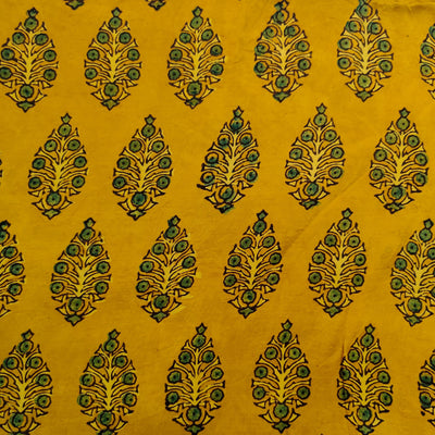 Pre Cut 1.5 Meter Modal Silk Ajrak Haldi Dyed With Pilea Plant Hand Block Print Fabric