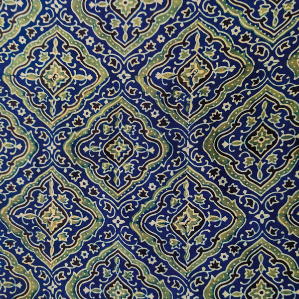 Modal Silk Ajrak Persian Blue With Green Geometric Pattern Hand Block Print Fabric