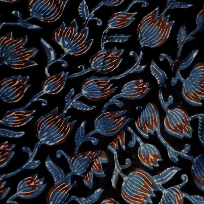 Modal Silk Black With Blue And Rust Lotus Jaal Hand Block Print Fabric