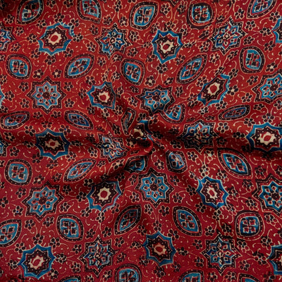Modal Silk Red With Blue Tile Hand Block Print Fabric