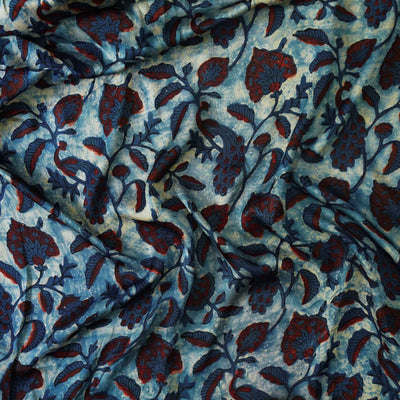 Modal Silk Vanaspati Blue With Maroon And Blue Wild Jaal Hand Block Print Fabric