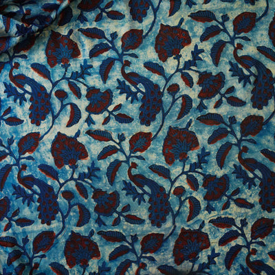 Modal Silk Vanaspati Blue With Maroon And Blue Wild Jaal Hand Block Print Fabric