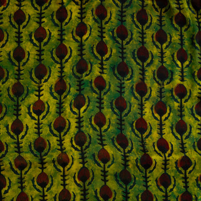 Modal Silk Vanaspati Green With Maroon Fruit Stripes Hand Block Print Fabric
