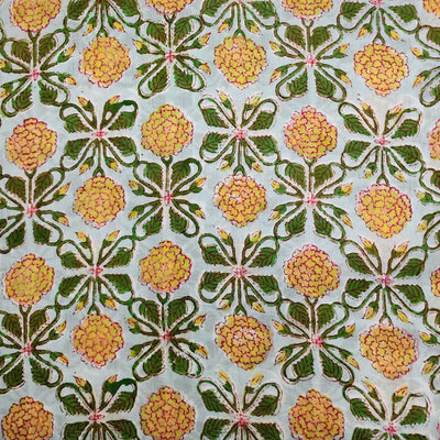 Mul Pure Cotton Jaipuri Green With Yellow  Marigold Jaal Hand Block Print Fabric