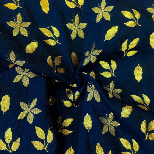 Pre-cut 2.5 meter Navy Blue  Brocade Autumn Leaves Handwoven Fabric