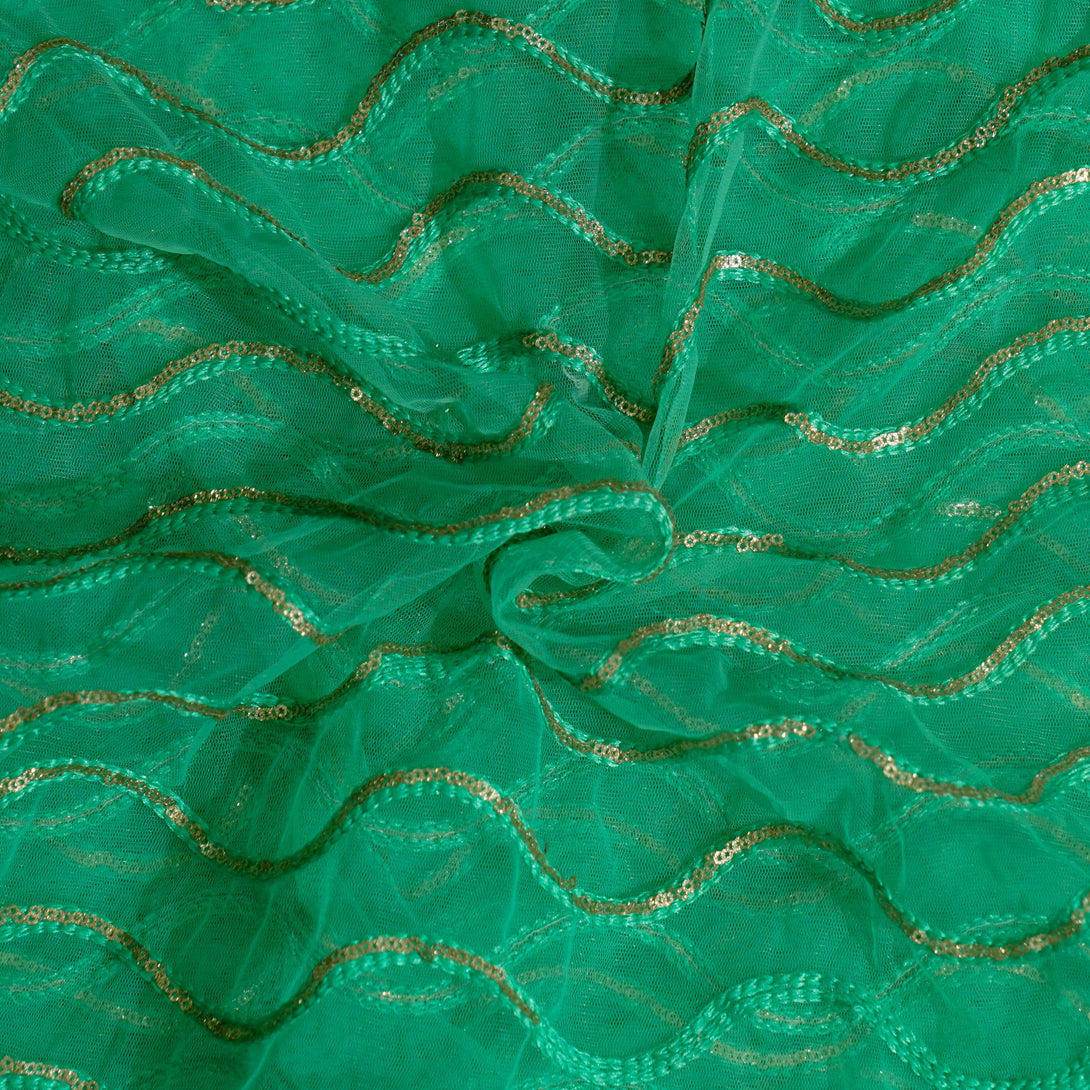 Green Net With Sequence Waves Embroidered Fabric – Sanskruti