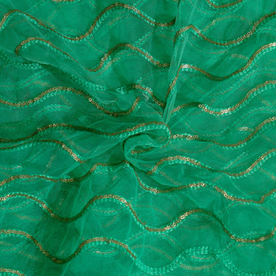 Green Net With Sequence Waves Embroidered Fabric