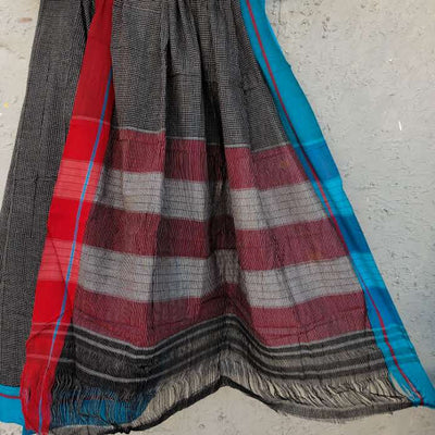 PATTEDA - Pure Cotton Black With Blue Red Ganga Jamuna Border Karnataka Saree