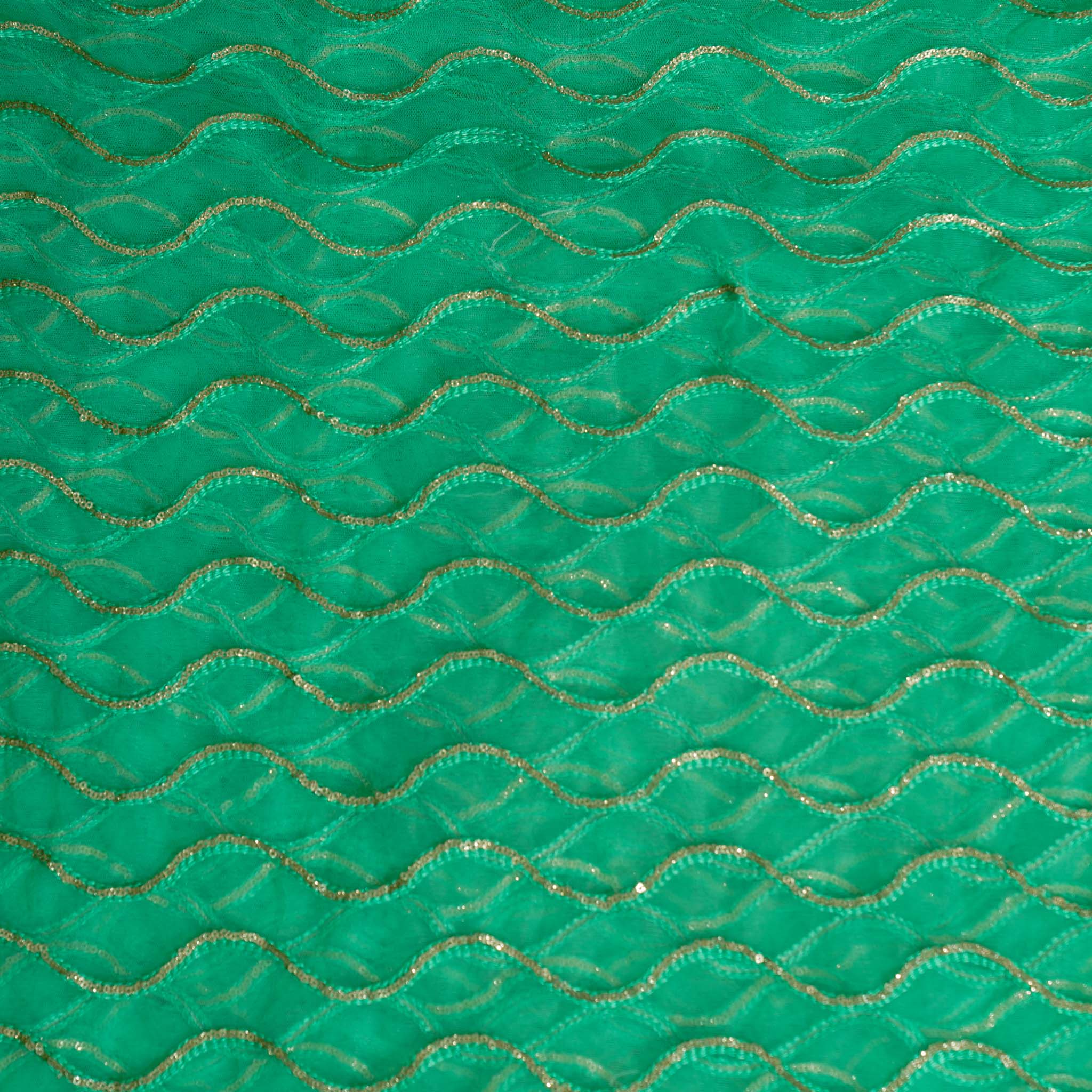 Green Net With Sequence Waves Embroidered Fabric – Sanskruti