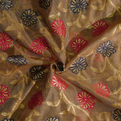 Organza Beige With Pink And Blue Floral Jaal Weoven Fabric