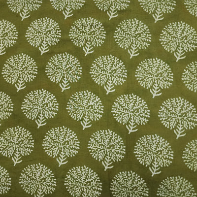 Pure Cotton Dabu Mehendi Green With Cream Blooming Tree hand Block Print Fabric