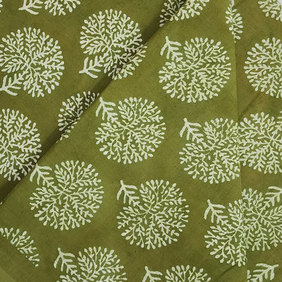 Pure Cotton Dabu Mehendi Green With Cream Blooming Tree hand Block Print Fabric