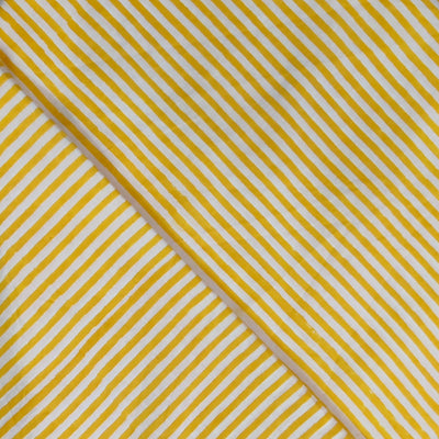 Pure Cotton Jaipuri White With Yellow Stripes Hand Block Print Fabric