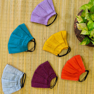 Pack Of 5 Triple Layered Assorted Pure Cotton Pleated Masks With Elastic- Unisex