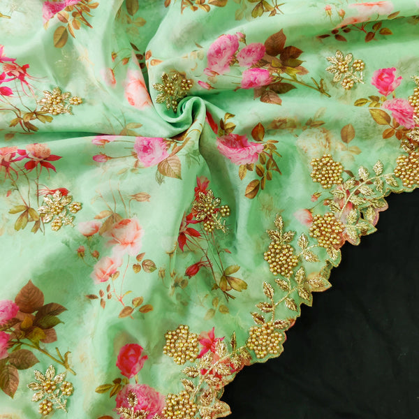 Pastel Green Vintage Floral Organza With One Side Embroiedered Fabric