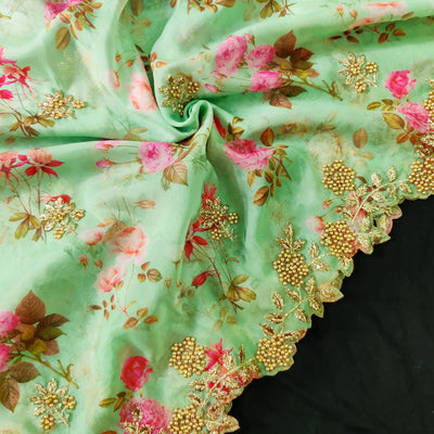 Pastel Green Vintage Floral Organza With One Side Embroiedered blouse Fabric ( 1 meter )