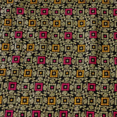 Patola Brocade Black With Pink Mustard Squares Design Woven Fabric