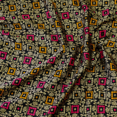 Patola Brocade Black With Pink Mustard Squares Design Woven Fabric