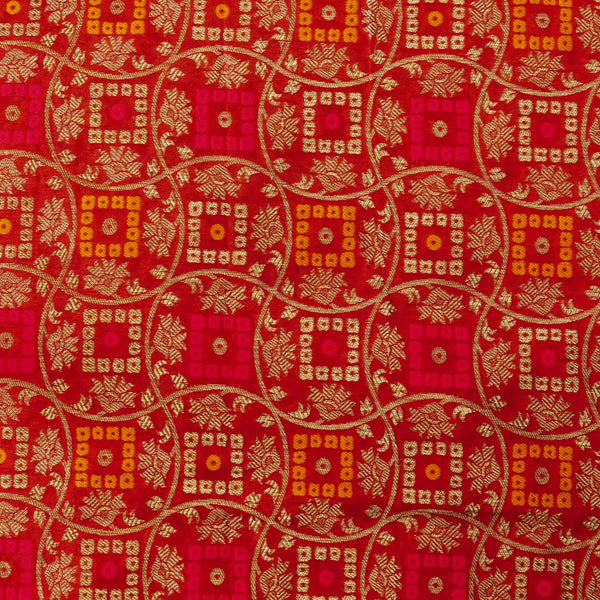 Patola Brocade Red With Pink Mustard Squares Design Woven Fabric