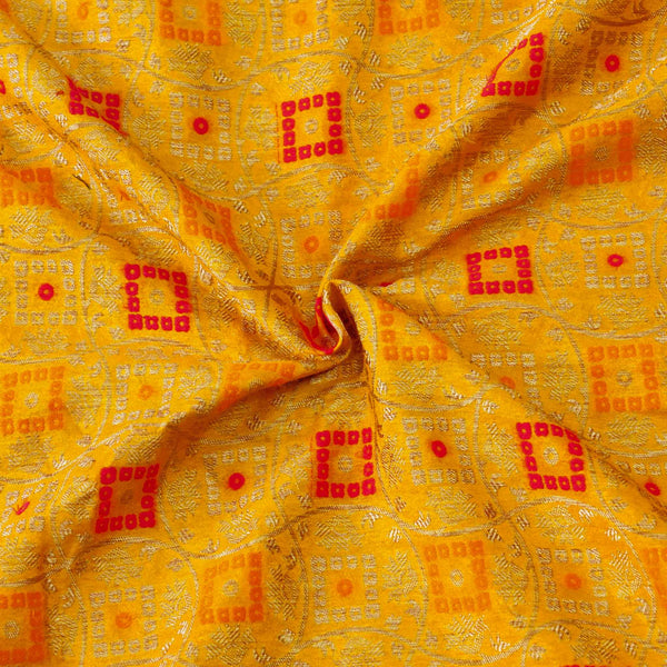 Patola Brocade Yellow With Red Orange Mustard Squares Design Woven Fabric