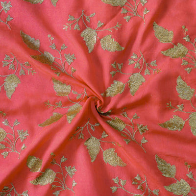 Pink Satin Cotton Silk With Sequence And Zari Embroidery Fabric