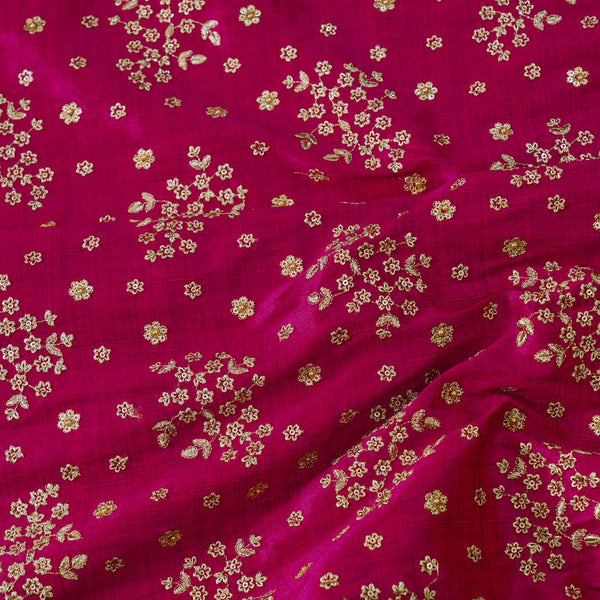 Pink Slub Silk Cotton With Gold Zari Flower Cluster Embroidered Fabric