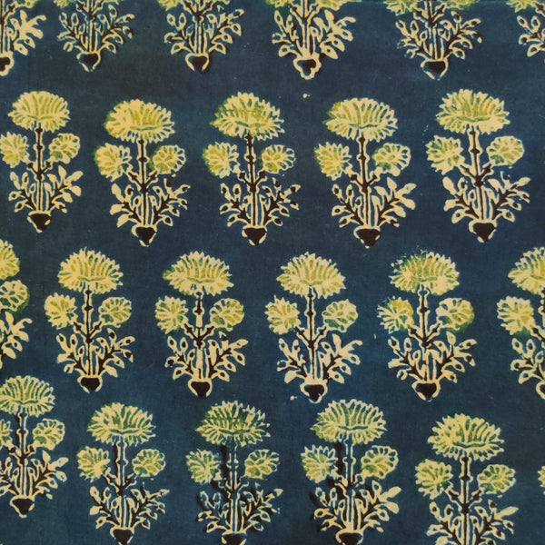 Pre-Cut 1.30 Meters Pure Cotton Ajrak Blue With Light Green Three Flower Plant Motif Hand Block Print Fabric